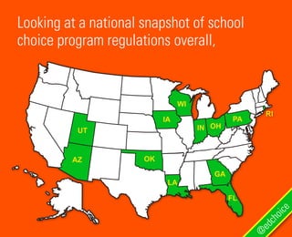 Looking at a national snapshot of school
choice program regulations overall,
@
edchoice
UT
AZ
LA
IA
WI
IN
GA
OH
PA
RI
FL
OK
 
