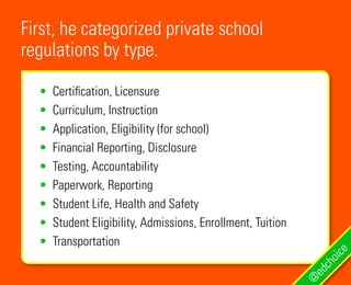 First, he categorized private school
regulations by type.
@
edchoice
• Certification, Licensure
• Curriculum, Instruction
• Application, Eligibility (for school)
• Financial Reporting, Disclosure
• Testing, Accountability
• Paperwork, Reporting
• Student Life, Health and Safety
• Student Eligibility, Admissions, Enrollment, Tuition
• Transportation
 
