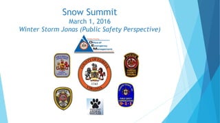 Snow Summit
March 1, 2016
Winter Storm Jonas (Public Safety Perspective)
 