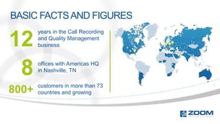 BASIC FACTS AND FIGURES
       years in the Call Recording

12     and Quality Management
       business




 8     offices with Americas HQ
       in Nashville, TN

       customers in more than 73
800+   countries and growing
 
