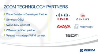 ZOOM TECHNOLOGY PARTNERS
Cisco Solutions Developer Partner
Genesys OEM
Avaya Dev Connect
VMware certified partner
Teleopti – strategic WFM partner
 