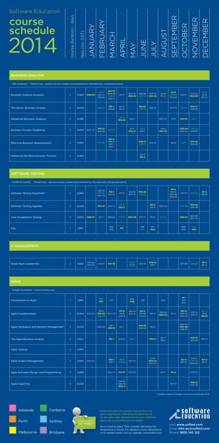 december
C1-5
S1-5
B8-12

C8-10

M19-21
S26-28

S1-3

M13-15

C5-7

M22-24
B22-24

C10-12
S17-19

C6-7

M17-18
S24-25

A13-17

C17-21

october

S16-18

november

September

JULY

M8-20
C18-20

AUGUST

JUNE

B14-18
M14-18

A17-21
M24-28

M1-5
B8-12
S22-26
P22-26

S16-20
C23-27

S13-17

B8-9

B12-16
M19-23

M1-5
C15-19
B15-19

B10-12

MAY

APRIL

MARCH

FEBRUARY

JANUARY

2014

fees (inc GST)

course
schedule

course duration - days

Software Education

Business ANALYSiS
* IIBA Endorsed † MasterClass – special courses created and presented by internationally recognised experts

Business Systems Analysis*

5

$2860

The Senior Business Analyst

3

Advanced Business Analysis*

3

3

$2200

Effective Business Requirements*

2

$1650

Mastering the Requirements Process†

3

M17-21
P24-28
C31-4
S31-4

A7-11

M5-7
S12-14

B2-4
A2-4

$2585

Business Process Modelling*

C3-7
B10-14
S10-14

C19-21

$2200

$2585

M20-24

C9-11
M14-16

M19-21
S26-28

S5-7
M19-21

C17-19

C17-18

B29 -31

S5-7

M3-4
S10-11
B31-1
A31-1

S4-8
P4-8

B25-27

C2-4
B4-6

M16-17
C16-17

S4-6
M27-29

S14-15

S2-4
M2-4

SOFTwARE TESTiNG
* ISTQB Accredited † MasterClass – special courses created and presented by internationally recognised experts

Software Testing Essentials*

5

$2860

S10-14
C17-21
B24-28

Software Testing Applied

3

$2200

M10-12

B10-12

C7-9
S30-2

User Acceptance Testing

2

$1650

B6-7

S19-20

C10-11

SQL

1

$990

S18
B28

M2

2

$1650

Introduction to Agile

1

$990

Agile Fundamentals*

3

$2200

Agile Facilitation and Iteration Management*

3

$2200

The Agile Business Analyst

2

$1650

Agile Testing#

2

$1650

Agile Project Management

2

$1650

Agile Software Design and Programming

4

$2695

Agile Coaching

3

$2200

M30-31

M3-7
A31-4

P7-11

S12-16
B19-23

M16-20
C23-27

M1-5
S8-12

M9-11
S9-11

C27-29

M18-20
S24-26

B10-11

S7-8

C11-12

M20-21

S27-28
B27-28

S16
C17

M27-28

B20-22

B21
M24

S20
B30

C14
M21

M14-15
S31-1

S27-28

C24-25

M1-2
B8-9

P12-14
B19-21

C1 -3
S1-3
M8-10

M13-14
S27-28

B10-11

P10-11
C24-25
S24-25

M3-4
B8-9

IT MANAGEMENT

Small Team Leadership

A10-11

M17-18

C5-6
S7-8

B12-13

B17
M17

S17

B16
M26

S16

S3-5
M18-20
C26-28

B24-26

M7-9
S7-9
A30-2

P14-16
B19-21

M2-4
S17-19
C18-20

B9-11

B26-28

S5-7
M19-21

B5-7

M16-18
S28-30

B6-8

M6-7

S21-22
B30-31

S14-15

B1-2

M10-11

M31-1
S31-1

B2-3
C14-15

P12-13

S7-8
M22-23
B24-25

B24-27

M7-10

S12-15

AGiLE
* ICAgile Accredited

#

Dates coming soon

B22-24

B23-24

M1
S13
B24

B19

S18-20
M20-22

B1-3

M8-10
S14-16
A20-22

B20-22
M27-29
S29-31

B6-7
S6-7

M2-3
B9-10

B4-7

S10-13

S15-17

S14-16
B28-30
M30-2

M1-4

M19-21
B26-28

Schedule subject to change. Correct as at November 2013.

Adelaide

Canberra

Perth

Sydney

Melbourne

Brisbane

Group discount

5th free!*

* roup discount: all 5 people must be from the
G
same organisation, attending the same course
on the same date. Standard terms and conditions
apply, see www.softed.com for details.
Six or more to train? Then consider delivering the
programme in-house. For detailed course descriptions
or to register online visit our website: www.softed.com

Visit www.softed.com
Email info-au@softed.com
Phone 1800 145 152

 