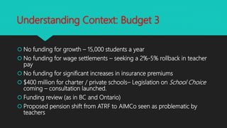 Understanding Context: Budget 4
 Growing student inequality and poverty – reductions in social spending
 Less access to ...