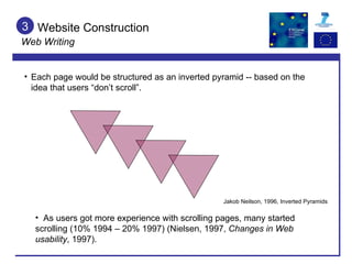 Website Construction  Web Writing 3 Each page would be structured as an inverted pyramid -- based on the idea that users “don’t scroll”. Jakob Neilson, 1996, Inverted Pyramids As users got more experience with scrolling pages, many started scrolling (10% 1994 – 20% 1997) (Nielsen, 1997,  Changes in Web usability , 1997).  