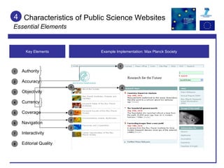 Characteristics of Public Science Websites  Essential Elements Authority Accuracy Objectivity Currency Coverage Navigation Interactivity Editorial Quality 4 Example Implementation: Max Planck Society Key Elements 1 2 3 4 5 6 7 8 1 1 2 2 2 4 