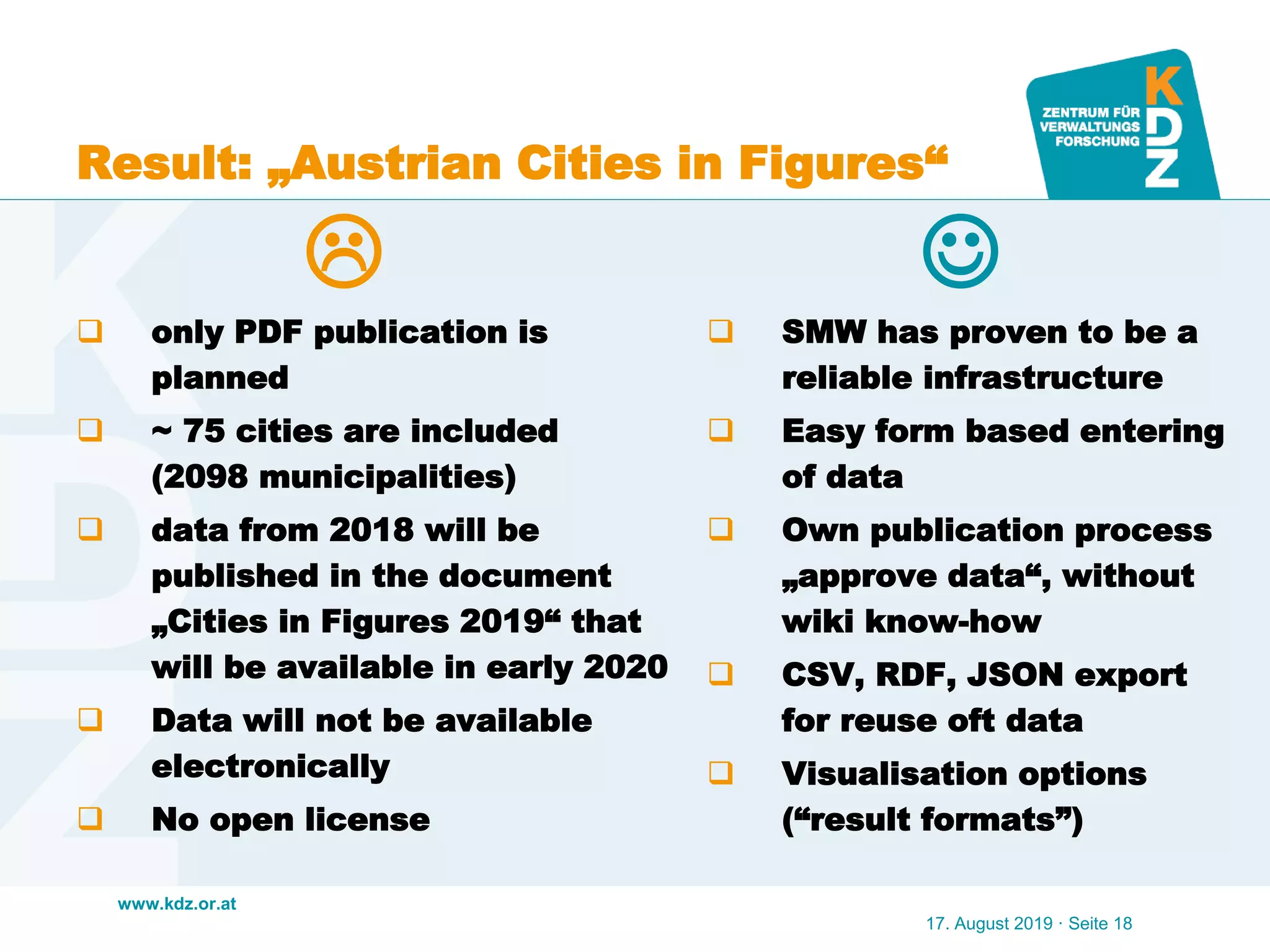 www.kdz.or.at
Result: „Austrian Cities in Figures“

 only PDF publication is
planned
 ~ 75 cities are included
(2098 municipalities)
 data from 2018 will be
published in the document
„Cities in Figures 2019“ that
will be available in early 2020
 Data will not be available
electronically
 No open license

 SMW has proven to be a
reliable infrastructure
 Easy form based entering
of data
 Own publication process
„approve data“, without
wiki know-how
 CSV, RDF, JSON export
for reuse oft data
 Visualisation options
(“result formats”)
17. August 2019 · Seite 18
 