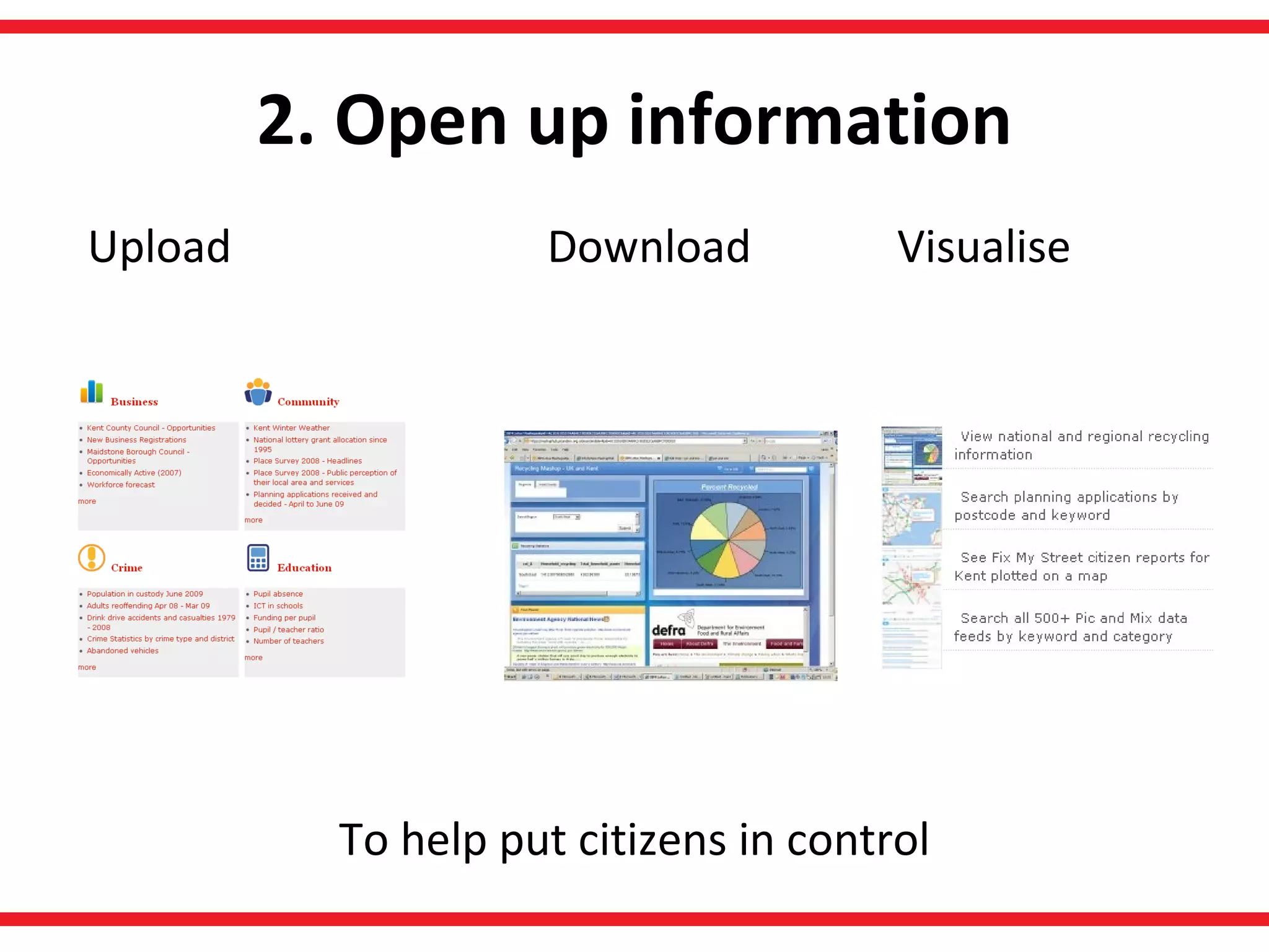 2. Open up information Download Visualise Upload To help put citizens in control 