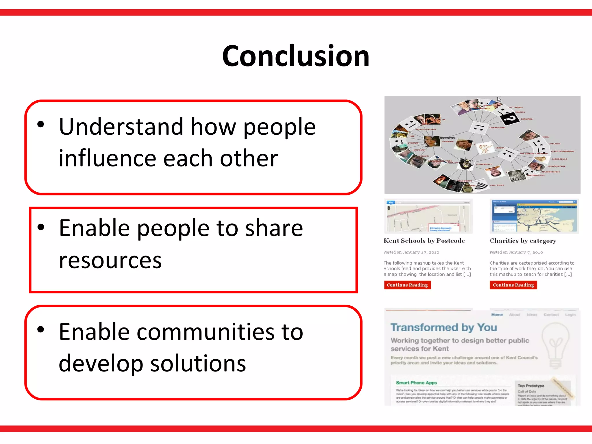 Conclusion Enable people to share resources Understand how people influence each other   Enable communities to develop solutions 