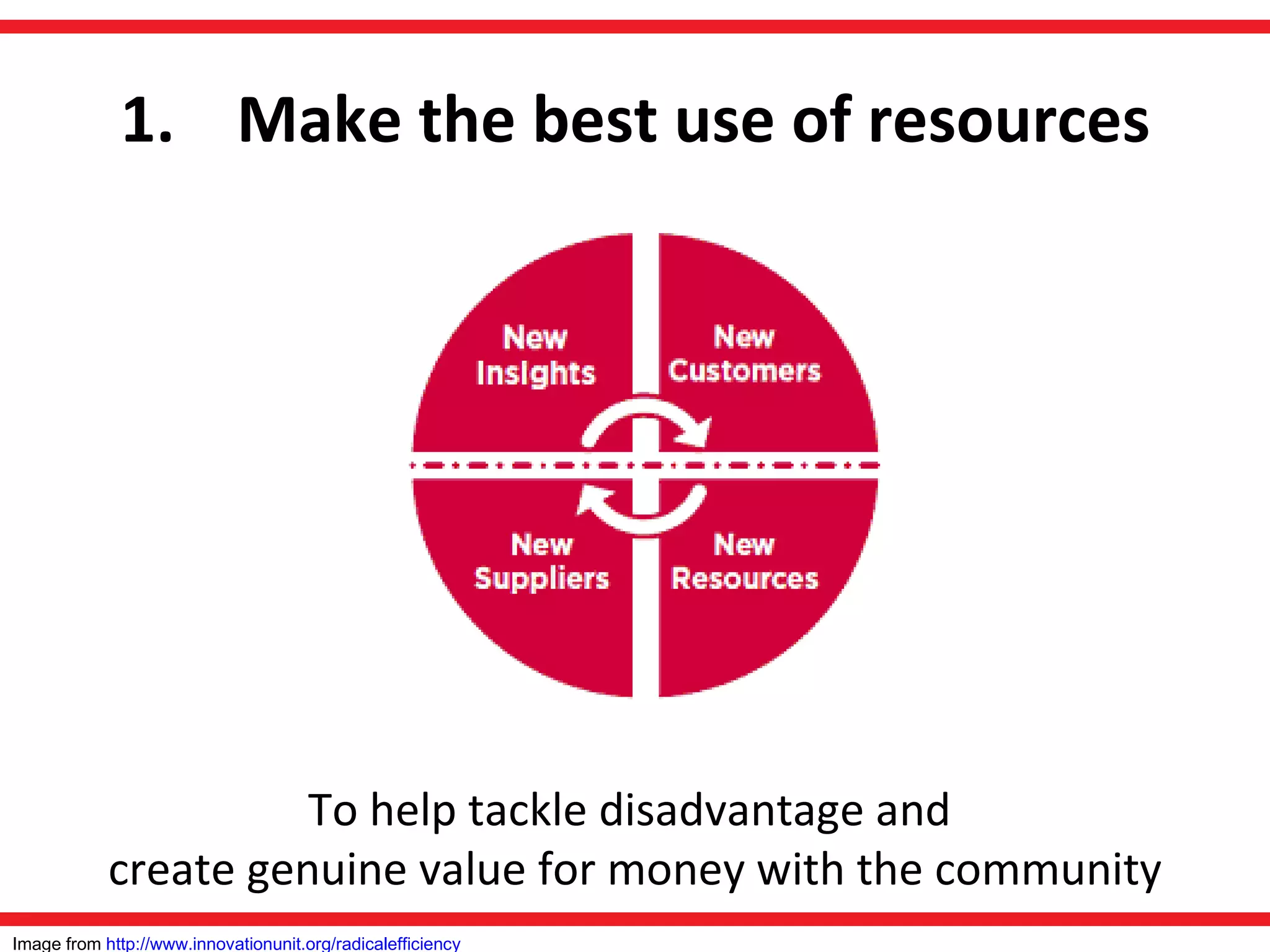 Make the best use of resources To help tackle disadvantage and  create genuine value for money with the community Image from  http://www.innovationunit.org/radicalefficiency   