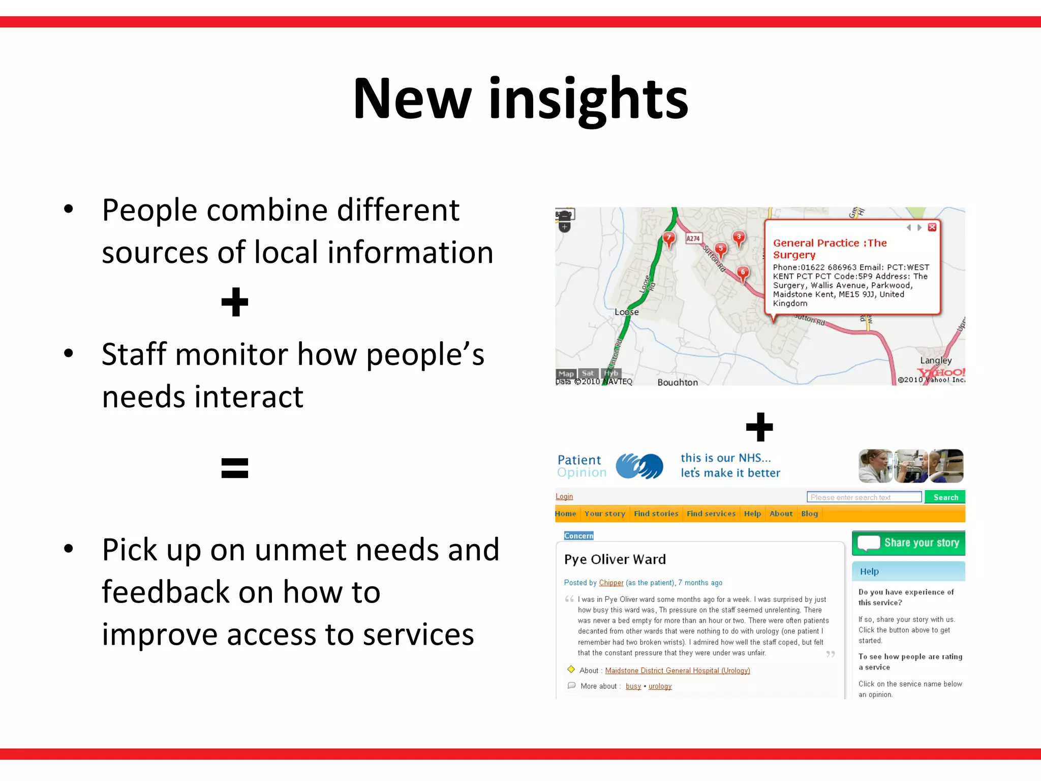 New insights People combine different sources of local information Staff monitor how people’s needs interact  Pick up on unmet needs and feedback on how to improve access to services + + = 