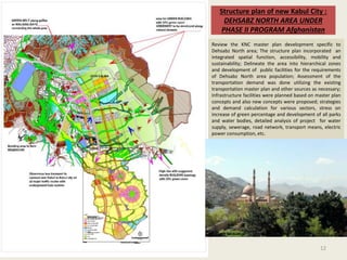 12
Review the KNC master plan development specific to
Dehsabz North area; The structure plan incorporated an
integrated spatial function, accessibility, mobility and
sustainability; Delineate the area into hierarchical zones
and development of public facilities for the requirements
of Dehsabz North area population; Assessment of the
transportation demand was done utilizing the existing
transportation master plan and other sources as necessary;
Infrastructure facilities were planned based on master plan
concepts and also new concepts were proposed; strategies
and demand calculation for various sectors, stress on
increase of green percentage and development of all parks
and water bodies, detailed analysis of project for water
supply, sewerage, road network, transport means, electric
power consumption, etc.
Structure plan of new Kabul City :
DEHSABZ NORTH AREA UNDER
PHASE II PROGRAM Afghanistan
 