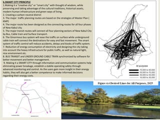 14
b.SMART CITY PRINCIPLE
1.Making it a “creative city” or “smart city” with thought of wisdom, while
preserving and taking advantage of the cultural traditions, historical assets,
modern human infrastructure and green ways of living.
2. Creating a carbon-neutral district
3. The major traffic planning routes are based on the strategies of Master Plan (
KMP)
4. The major route has been designed as the connecting routes for all four phases
of New Kabul city.
5. The major transit routes will connect all four planning sectors of New Kabul City
by Bus, Cable train and Surface transport.
6. The Ginormous bus system will ease the traffic on surface while underground
cable train will connect the destinations for easy and fast movement. The smart
system of traffic control will reduce accidents, delays and kiosks of traffic system.
7. Reduction of energy consumption of electricity and designing the city taking
into account the heavy infrastructure for public traffic, as well as natural light,
nice environment etc.
8. BUS TRANSIT and UNDER GROUND CABLE TRAIN synchronized by software for
better movement and better management.
9. Making it a SMART CITY through information-and communication systems help
eliminating power breakage, establish a stabile operating safety through
advanced monitoring and control. As the users gain more insight in their energy
habits, they will also get a better competence to make informed decisions
regarding their energy costs.
 