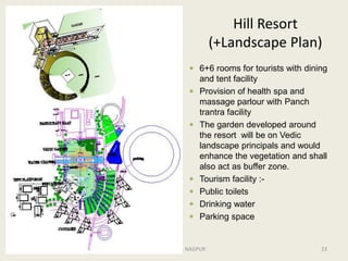 Hill Resort
(+Landscape Plan)
CREATIVE CIRCLE, NAGPUR 23
 6+6 rooms for tourists with dining
and tent facility
 Provision of health spa and
massage parlour with Panch
trantra facility
 The garden developed around
the resort will be on Vedic
landscape principals and would
enhance the vegetation and shall
also act as buffer zone.
 Tourism facility :-
 Public toilets
 Drinking water
 Parking space
 