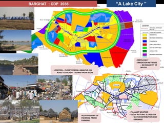 KANHIWADA
KHOONT
WAY TO
MAGARKATHA
WAY TO
MAGARKATHA
WAY TO
BAMHANI
WAY TO
MANEGAON
WAY TO
MANDHI
WAY TO
BALAGHAT
WAY TO
WAY TO SEONI
warehouse/industry
Housing
Housing
Rejouvenating stream
Recreation
Recreation
Commercial/institutional
Greenspace/farm
Greenspace/farm
Greenspace
Pisiculture
commercial
Commercial/institutional
BARGHAT : CDP 2036
- FERTILE BELT
- IRRIGATION NETWORK
– NO SCCARCITY OF
WATER
- LOCATION – CLOSE TO SEONI, JABALPUR. ON
ROAD TO BALAGHT – KANHA FROM SEONI
- PLEASANT WEATHER
- USE OF NATURAL SLOPES FOR
WATER DISTRIBUTION AND
DRAINAGE
- AQUA-FARMING OF
FISHERIES, PRONS
- FARMING
“A Lake City ”
 