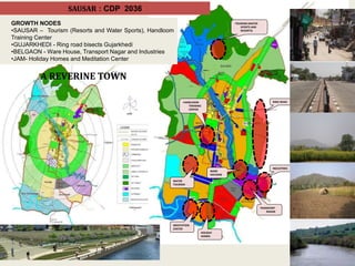 -TOURISM (WATER
SPORTS AND
RESORTS)
-HANDLOOM
TRAINING
CENTER
RING ROAD
INDUSTRIES
TRANSPORT
NAGAR
WARE
HOUSING
HOLIDAY
HOMES
MEDITATION
CENTER
WATER
TOURISM
A REVERINE TOWN
SAUSAR : CDP 2036
GROWTH NODES
•SAUSAR – Tourism (Resorts and Water Sports), Handloom
Training Center
•GUJARKHEDI - Ring road bisects Gujarkhedi
•BELGAON - Ware House, Transport Nagar and Industries
•JAM- Holiday Homes and Meditation Center
 