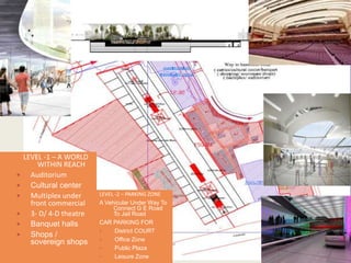 LEVEL -1 PLAN
LEVEL -2 – PARKING ZONE
A Vehicular Under Way To
Connect G E Road
To Jail Road
CAR PARKING FOR
• District COURT
• Office Zone
• Public Plaza
• Leisure Zone
LEVEL -1 – A WORLD
WITHIN REACH
 Auditorium
 Cultural center
 Multiplex under
front commercial
 3- D/ 4-D theatre
 Banquet halls
 Shops /
sovereign shops
 