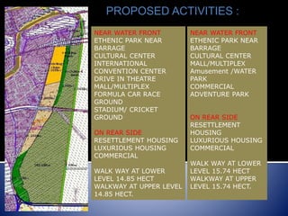 PROPOSED ACTIVITIES :
NEAR WATER FRONT
ETHENIC PARK NEAR
BARRAGE
CULTURAL CENTER
INTERNATIONAL
CONVENTION CENTER
DRIVE IN THEATRE
MALL/MULTIPLEX
FORMULA CAR RACE
GROUND
STADIUM/ CRICKET
GROUND
ON REAR SIDE
RESETTLEMENT HOUSING
LUXURIOUS HOUSING
COMMERCIAL
WALK WAY AT LOWER
LEVEL 14.85 HECT
WALKWAY AT UPPER LEVEL
14.85 HECT.
NEAR WATER FRONT
ETHENIC PARK NEAR
BARRAGE
CULTURAL CENTER
MALL/MULTIPLEX
Amusement /WATER
PARK
COMMERCIAL
ADVENTURE PARK
ON REAR SIDE
RESETTLEMENT
HOUSING
LUXURIOUS HOUSING
COMMERCIAL
WALK WAY AT LOWER
LEVEL 15.74 HECT
WALKWAY AT UPPER
LEVEL 15.74 HECT.
 