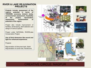 94
RIVER & LAKE REJUVINATION
PROJECTS
CREATIVE CIRCLE, NAGPUR
Projects include assessment of the
regions potential in terms of
TOURISM, economy, biotech study,
environmental assessment, feasibility
of the project, rejuvenation
assessment, enhancement of
potential of the region.
Project also include improvement of
facilities, landscaping, plant selection and
design of various spaces.
Project under NATIONAL RIVER/Lake
Conservation Project.
Use of third dimension like sound and
light for enhanced experience.
Projects:
Rejuvenation of Hanuman tank, Katol
Rejuvenation of Lendi river, Pandhurna
 