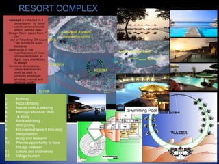 RESORT COMPLEX
Swimming Pool
1. Boating
2. Rock climbing
3. Nature trails & trekking
4. Heritage structure visits
5. & study
6. Birds watching
7. Star gazing
8. Educational aspect including
interpretation,
9. study and research
10. Provide opportunity to have
linkage between
11. culture and biodiversity
12. Village tourism
concept is reflected in 4
dimensions- by form/
colour scheme/sound
effect/ activity uses
Design Form taken from “
OM “
Use of “chanting OM sound
” as symbol of audio
backdrop
Application of the
manifestation of three
luminaries known as
Agni, Vayu and Aditya
in design
Harmonic dimensions,
colors and textures
shall be used to
promote emotional,
physical, mental and
spiritual health.
 