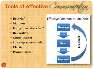 Tools of effective
 Be Brief
 Manners
 Using “I am directed”
 Be Positive
 Good listener
 Spice up your words
 Clar...