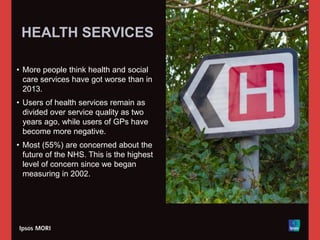 HEALTH SERVICES
• More people think health and social
care services have got worse than in
2013.
• Users of health services remain as
divided over service quality as two
years ago, while users of GPs have
become more negative.
• Most (55%) are concerned about the
future of the NHS. This is the highest
level of concern since we began
measuring in 2002.
 