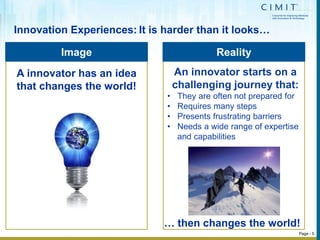 Innovation Experiences:
Image Reality
An innovator starts on a
challenging journey that:
• They are often not prepared for...