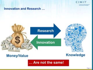 Innovation and Research …
Page - 6
Research
Innovation
Money Knowledge/Value
… Are not the same!
 