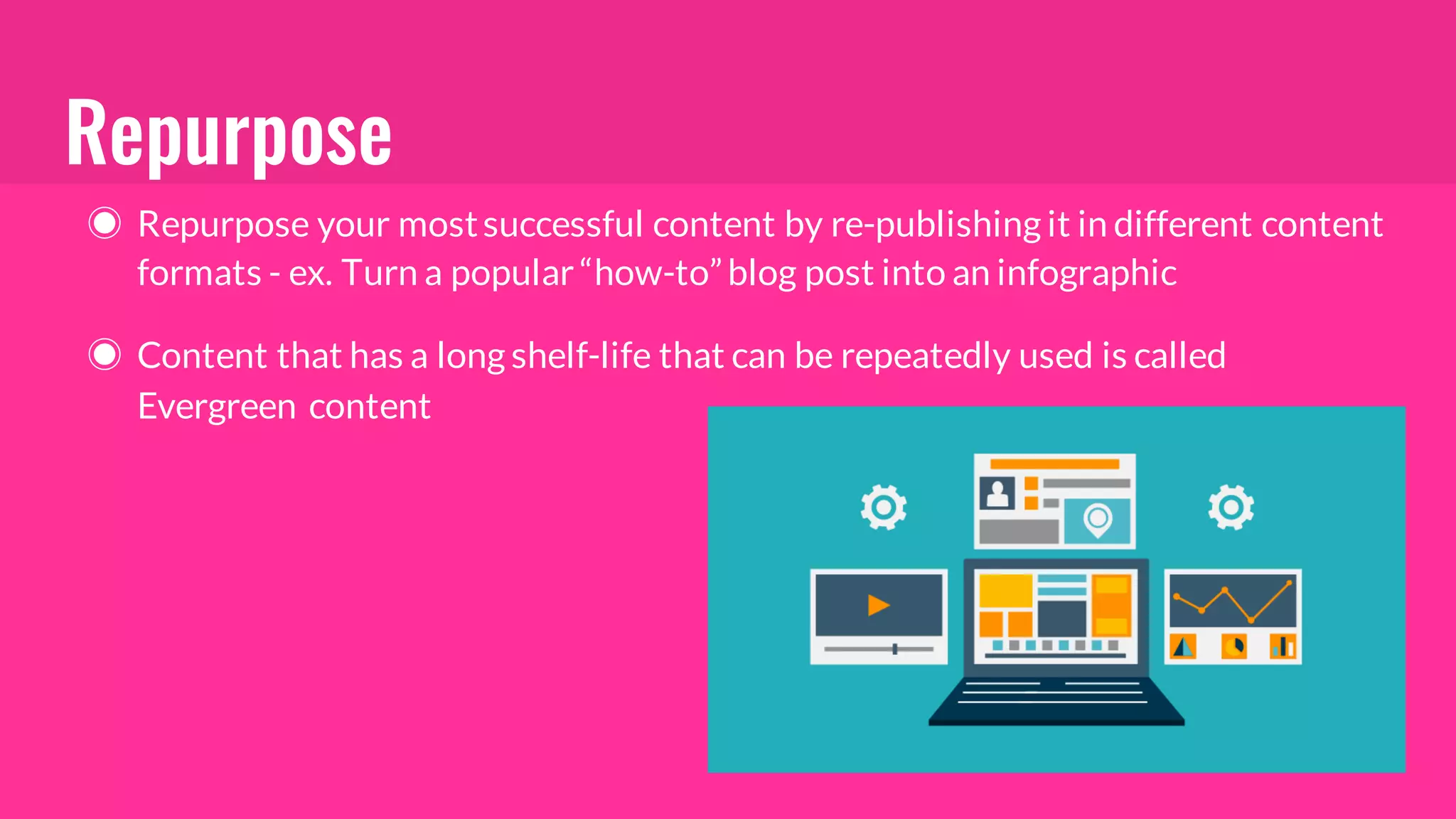 Repurpose
◉ Repurpose your mostsuccessful content by re-publishing it in different content
formats - ex. Turn a popular “how-to”blog post into an infographic
◉ Content that has a long shelf-life that can be repeatedly used is called
Evergreen content
 