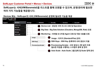 14 © 2014 IBM Corporation
SoftLayer Customer Portal > Menus > Devices
SoftLayer는 서버(VM/Baremetal)을 리스트를 통해 조회할 수 있으며, 운영/관리에 필요한
여러 가지 기능들을 제공합니다.
Devices 메뉴 : SoftLayer의 서버 (VM/Baremetal) 운영에 필요한 기능을 제공
1 Device List : 생성된 서버 리스트 조회 및 Operation
2 Big Data : Big Data Solution (Cloudera, MongoDB, Riak) 조회
3 Monitoring : 서버별 모니터링 Agent 조회 및 자원 사용률 조회
4 Image : 이미지 (Standard/Flex) 관리
5 SSH Keys : SSH Key 등록하여 서버 생성시 이용
Image
SSH Keys
Provisioning Scripts 6 Provisioning Scripts : 서버 생성시, OS 설치 이후
필요한 작업을 수행하는 스크립트 등록 및 관리
7 Auto Scale : Auto Scale 그룹 등록 및 Scale 정책 관리
 