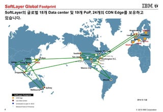 4 © 2014 IBM Corporation
SoftLayer Global Footprint
SoftLayer의 글로벌 18개 Data center 및 19개 PoP, 24개의 CDN Edge를 보유하고
있습니다.
INDIA
CHINA Tokyo
Hong Kong
Singapore
Melbourne
Seattle
San Jose
Los Angeles
Mexico City
Denver
Chicago
Dallas
Houston
Toronto Montreal
BRAZIL
New York City
Washington D.C.
Miami
London Frankfurt
Paris
Sydney
Atlanta
SoftLayer Footprint
Live Data Center
Scheduled to open in 2014
Network Point of Presense
CDN Edge
Osaka
Amsterdam
Madrid
Milan
Vienna
Warsaw
2014.12 기준
 