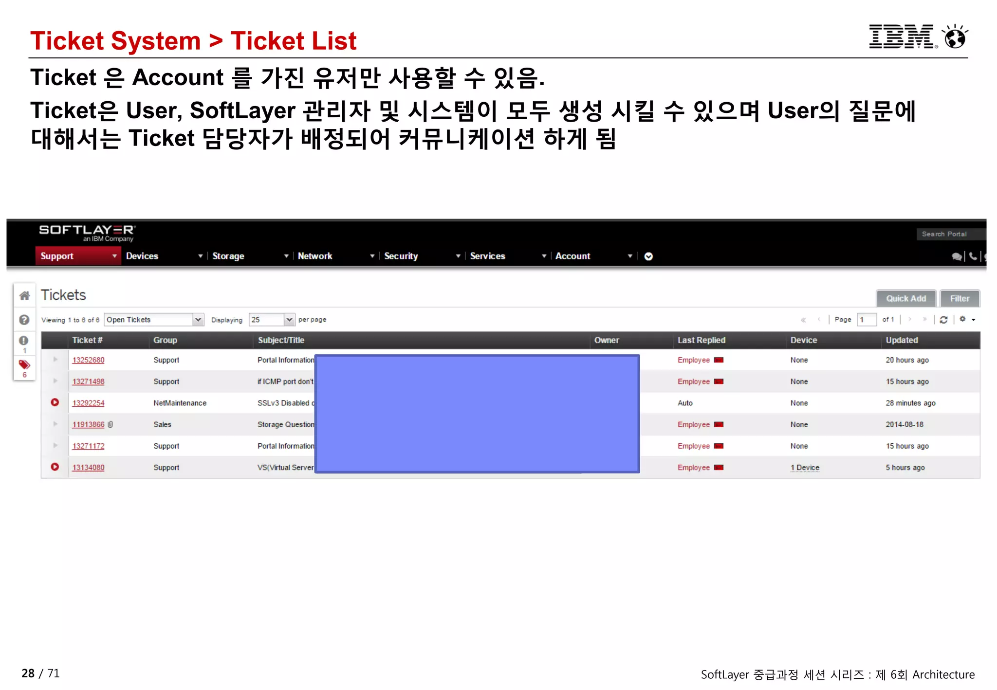 28 / 71 SoftLayer 중급과정 세션 시리즈 : 제 6회 Architecture
Ticket System > Ticket List
Ticket 은 Account 를 가진 유저만 사용할 수 있음.
Ticket은 User, SoftLayer 관리자 및 시스템이 모두 생성 시킬 수 있으며 User의 질문에
대해서는 Ticket 담당자가 배정되어 커뮤니케이션 하게 됨
 