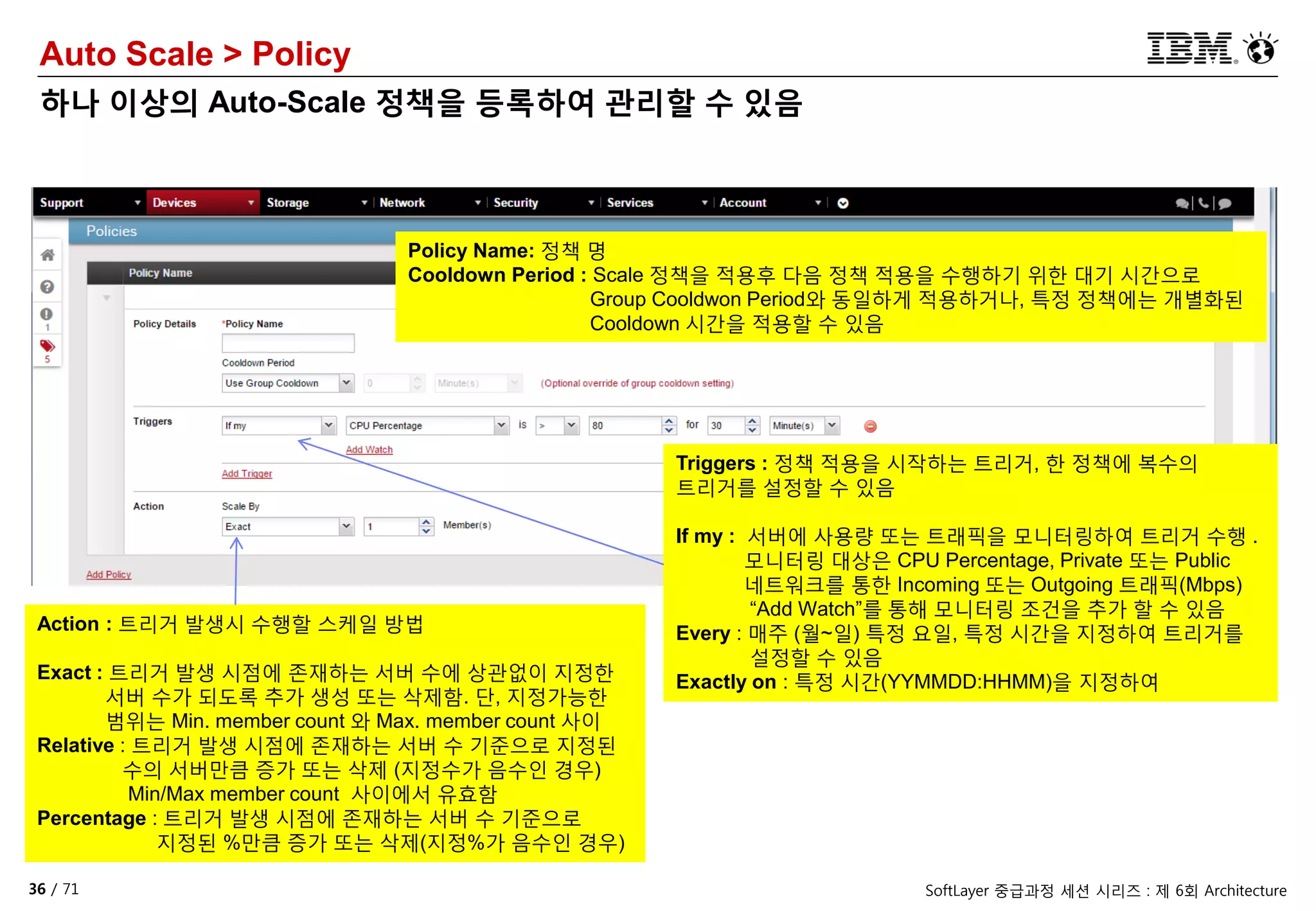 36 / 71 SoftLayer 중급과정 세션 시리즈 : 제 6회 Architecture
Auto Scale > Policy
하나 이상의 Auto-Scale 정책을 등록하여 관리할 수 있음
Triggers : 정책 적용을 시작하는 트리거, 한 정책에 복수의
트리거를 설정할 수 있음
If my : 서버에 사용량 또는 트래픽을 모니터링하여 트리거 수행 .
모니터링 대상은 CPU Percentage, Private 또는 Public
네트워크를 통한 Incoming 또는 Outgoing 트래픽(Mbps)
“Add Watch”를 통해 모니터링 조건을 추가 할 수 있음
Every : 매주 (월~일) 특정 요일, 특정 시간을 지정하여 트리거를
설정할 수 있음
Exactly on : 특정 시간(YYMMDD:HHMM)을 지정하여
Policy Name: 정책 명
Cooldown Period : Scale 정책을 적용후 다음 정책 적용을 수행하기 위한 대기 시간으로
Group Cooldwon Period와 동일하게 적용하거나, 특정 정책에는 개별화된
Cooldown 시간을 적용할 수 있음
Action : 트리거 발생시 수행할 스케일 방법
Exact : 트리거 발생 시점에 존재하는 서버 수에 상관없이 지정한
서버 수가 되도록 추가 생성 또는 삭제함. 단, 지정가능한
범위는 Min. member count 와 Max. member count 사이
Relative : 트리거 발생 시점에 존재하는 서버 수 기준으로 지정된
수의 서버만큼 증가 또는 삭제 (지정수가 음수인 경우)
Min/Max member count 사이에서 유효함
Percentage : 트리거 발생 시점에 존재하는 서버 수 기준으로
지정된 %만큼 증가 또는 삭제(지정%가 음수인 경우)
 