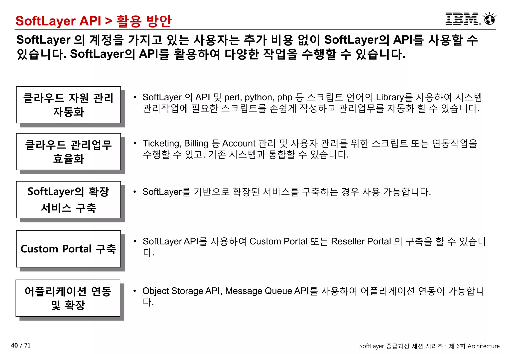 40 / 71 SoftLayer 중급과정 세션 시리즈 : 제 6회 Architecture
클라우드 자원 관리
자동화
클라우드 관리업무
효율화
SoftLayer의 확장
서비스 구축
• SoftLayer 의 API 및 perl, python, php 등 스크립트 언어의 Library를 사용하여 시스템
관리작업에 필요한 스크립트를 손쉽게 작성하고 관리업무를 자동화 할 수 있습니다.
Custom Portal 구축
어플리케이션 연동
및 확장
• Ticketing, Billing 등 Account 관리 및 사용자 관리를 위한 스크립트 또는 연동작업을
수행할 수 있고, 기존 시스템과 통합할 수 있습니다.
• SoftLayer를 기반으로 확장된 서비스를 구축하는 경우 사용 가능합니다.
• SoftLayer API를 사용하여 Custom Portal 또는 Reseller Portal 의 구축을 할 수 있습니
다.
• Object Storage API, Message Queue API를 사용하여 어플리케이션 연동이 가능합니
다.
SoftLayer API > 활용 방안
SoftLayer 의 계정을 가지고 있는 사용자는 추가 비용 없이 SoftLayer의 API를 사용할 수
있습니다. SoftLayer의 API를 활용하여 다양한 작업을 수행할 수 있습니다.
 