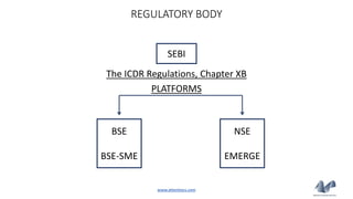 REGULATORY BODY
The ICDR Regulations, Chapter XB
PLATFORMS
BSE
BSE-SME
NSE
EMERGE
SEBI
www.attentiocs.com
 