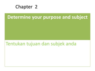 Chapter 2
Determine your purpose and subject
Tentukan tujuan dan subjek anda
 