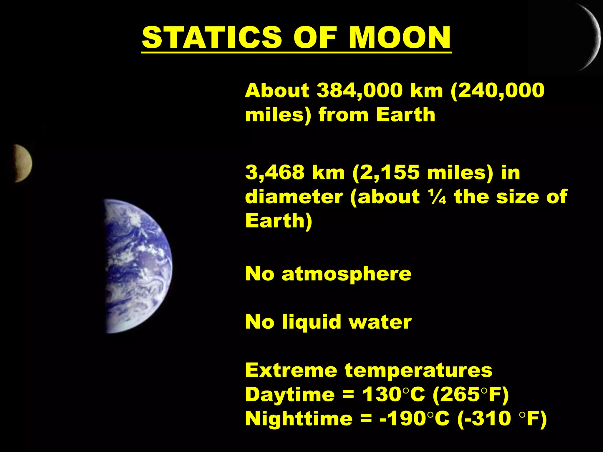 STATICS OF MOON
About 384,000 km (240,000
miles) from Earth
3,468 km (2,155 miles) in
diameter (about ¼ the size of
Earth)
No atmosphere
No liquid water
Extreme temperatures
Daytime = 130C (265°F)
Nighttime = -190C (-310 F)
 
