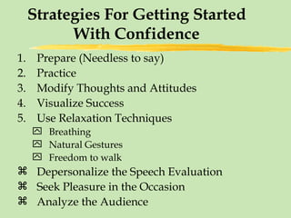 Strategies For Getting Started With Confidence Prepare (Needless to say) Practice Modify Thoughts and Attitudes Visualize Success Use Relaxation Techniques Breathing Natural Gestures  Freedom to walk Depersonalize the Speech Evaluation Seek Pleasure in the Occasion Analyze the Audience 