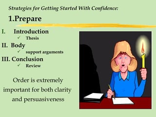 Strategies for Getting Started With Confidence: 1.Prepare Introduction Thesis II.  Body support arguments III. Conclusion Review Order is extremely important for both clarity  and persuasiveness 