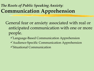 The Roots of Public Speaking Anxiety : Communication Apprehension General fear or anxiety associated with real or anticipated communication with one or more people. Language-Based Communication Apprehension Audience-Specific Communication Apprehension Situational Communication 