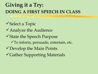 Giving it a Try: DOING A FIRST SPEECH IN CLASS   ,[object Object],[object Object],[object Object],[object Object],[object Object],[object Object]