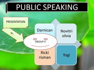 Darnican Novitri
silvia
Ricki
risman
Yogi
PUBLIC SPEAKING
GROUP 5
PRESENTATION
 