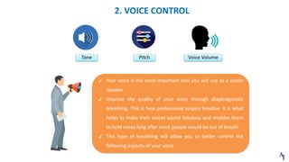 2. VOICE CONTROL
Tone Voice VolumePitch
✓ Your voice is the most important tool you will use as a public
speaker.
✓ Improve the quality of your voice through diaphragmatic
breathing. This is how professional singers breathe. It is what
helps to make their voices sound fabulous and enables them
to hold notes long after most people would be out of breath.
✓ This type of breathing will allow you to better control the
following aspects of your voice
 