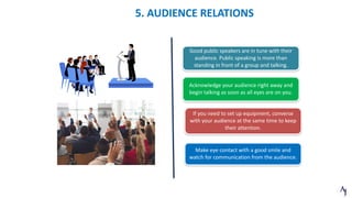 Good public speakers are in tune with their
audience. Public speaking is more than
standing in front of a group and talking.
Make eye contact with a good smile and
watch for communication from the audience.
If you need to set up equipment, converse
with your audience at the same time to keep
their attention.
Acknowledge your audience right away and
begin talking as soon as all eyes are on you.
5. AUDIENCE RELATIONS
 