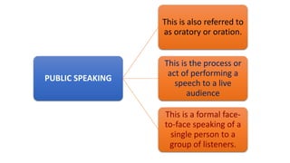 PUBLIC SPEAKING
This is also referred to
as oratory or oration.
This is the process or
act of performing a
speech to a live
audience
This is a formal face-
to-face speaking of a
single person to a
group of listeners.
 