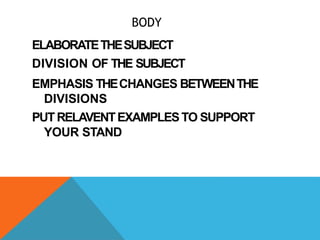 BODY
ELABORATETHESUBJECT
DIVISION OF THE SUBJECT
EMPHASIS THECHANGES BETWEENTHE
DIVISIONS
PUTRELAVENTEXAMPLESTO SUPPORT
YOUR STAND
 