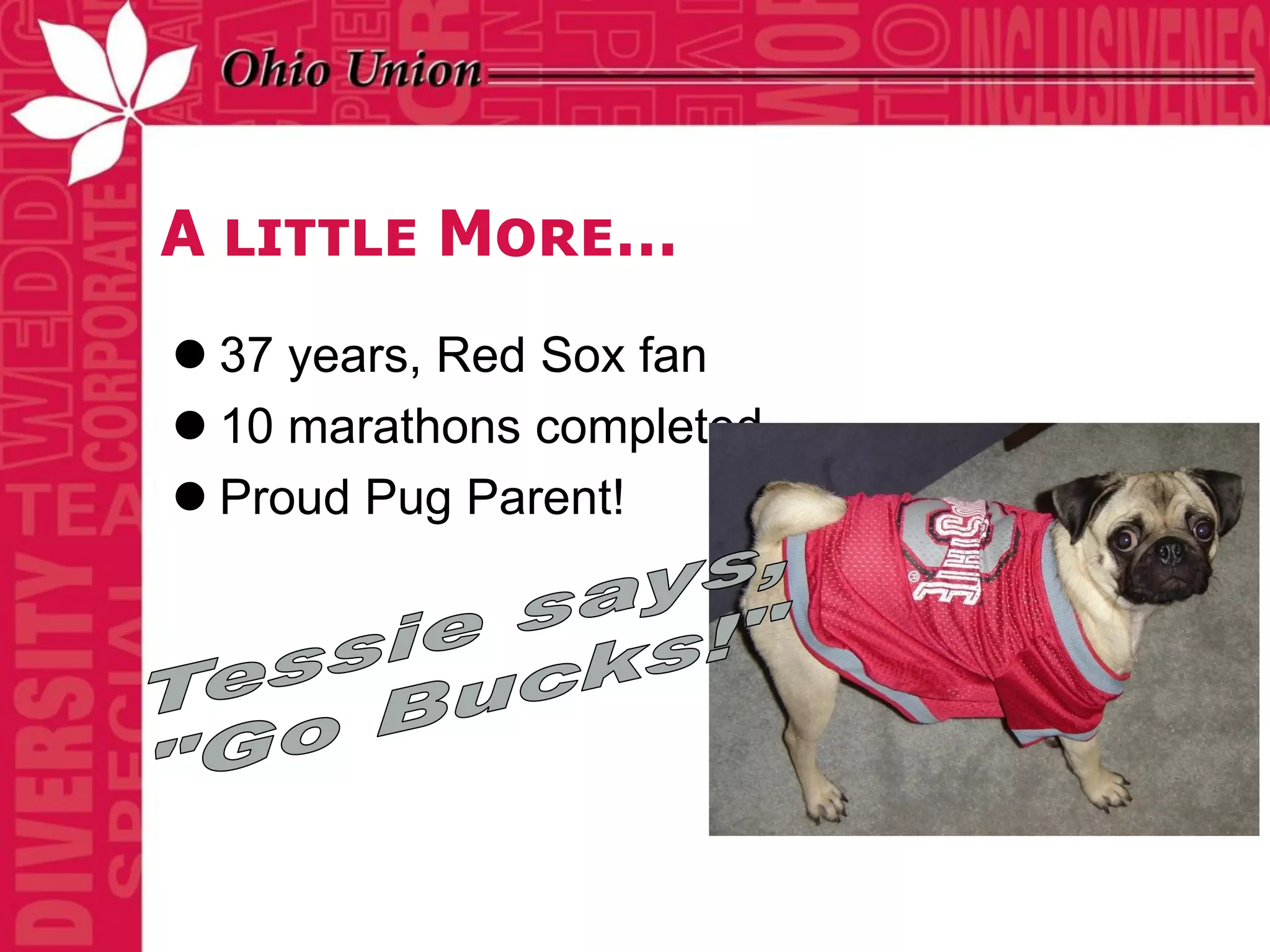 A little More…
 37 years, Red Sox fan
 10 marathons completed
 Proud Pug Parent!
 