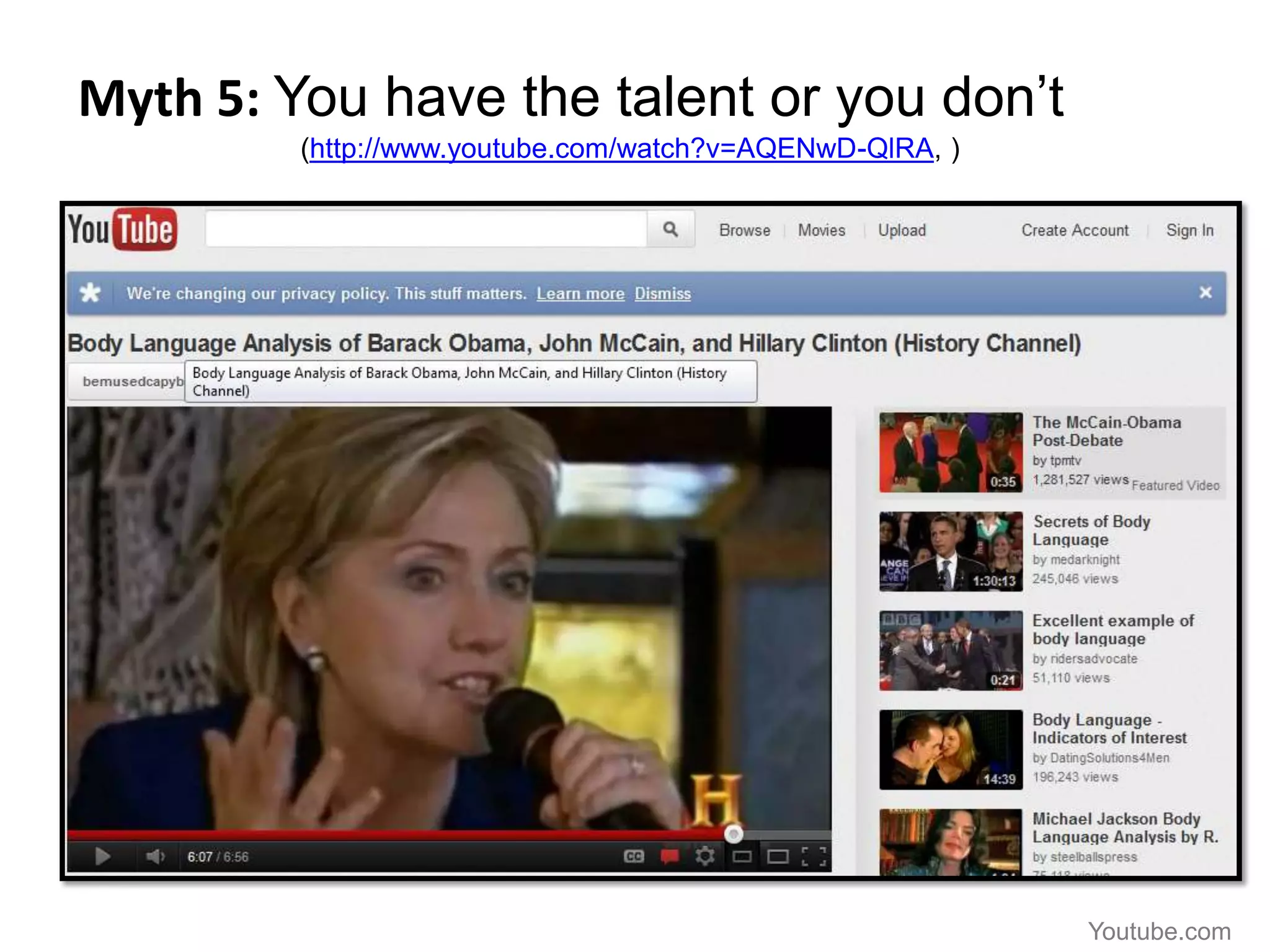 Myth 5: You have the talent or you don’t
         (http://www.youtube.com/watch?v=AQENwD-QlRA, )




                                                          Youtube.com
 