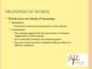 MEANINGS OF WORDS
 Words have two kinds of meanings:
 denotative
 the literal or dictionary meaning of a word or phrase...
