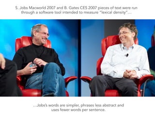S. Jobs Macworld 2007 and B. Gates CES 2007 pieces of text were run
through a software tool intended to measure “lexical density”…
…Jobs’s words are simpler, phrases less abstract and
uses fewer words per sentence.
 
