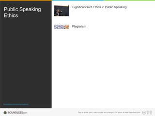 Public Speaking
Ethics

Significance of Ethics in Public Speaking

Plagiarism

Boundless.com/communications

Free to share, print, make copies and changes. Get yours at www.boundless.com

 